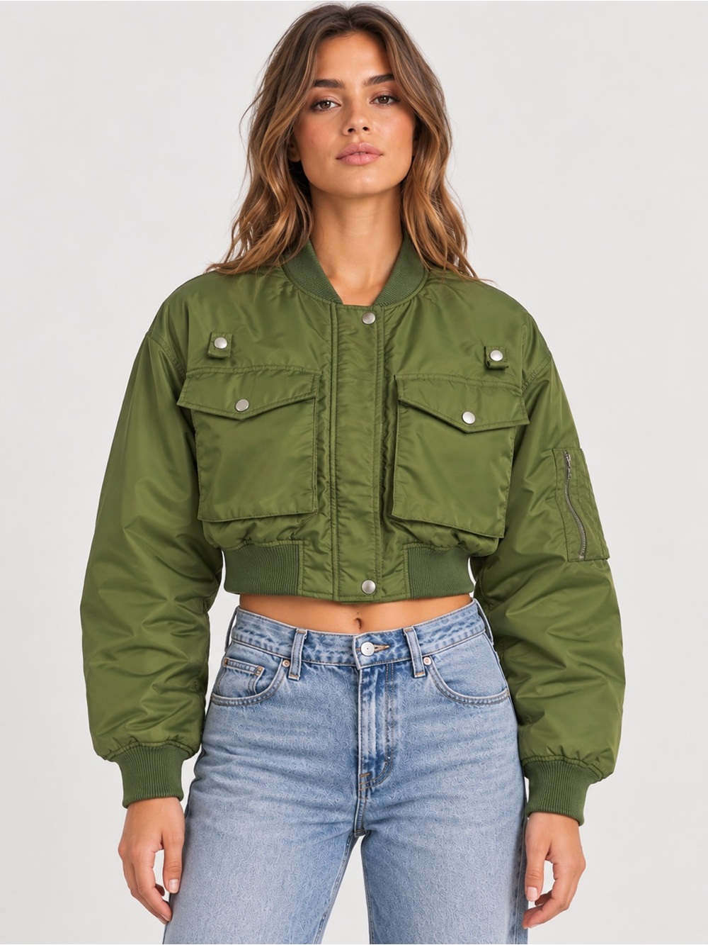 Forever 21 Women’s M Satin Cropped Bomber Jacket Olive Green Top Gun Pockets